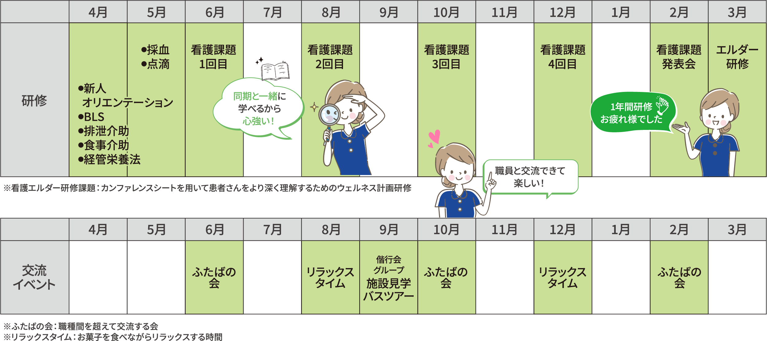 入職から1年間の研修・フォローアップ体制および交流イベントの年間スケジュール表