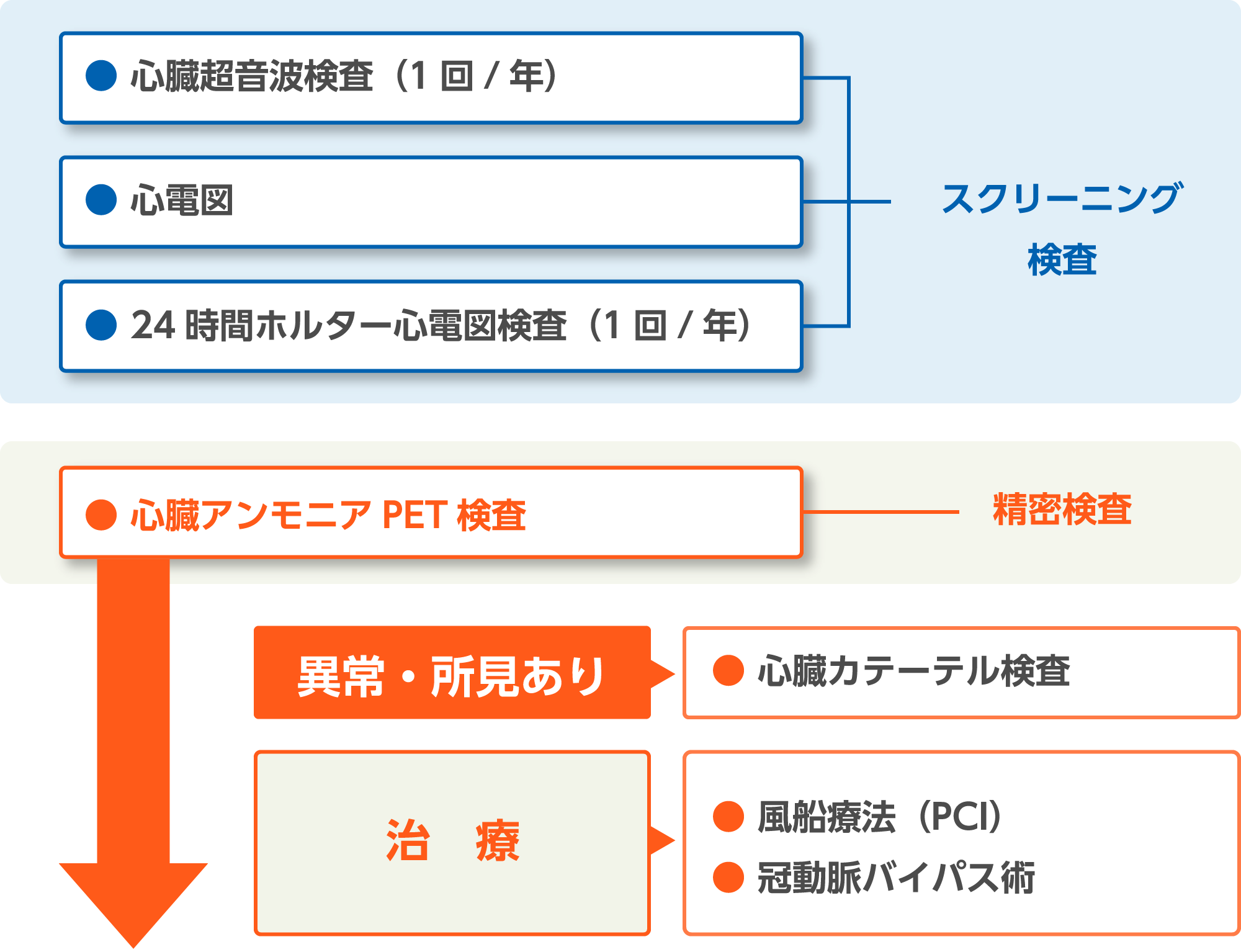 スクリーニング検査　1.心臓超音波検査（1回/年）　2.心電図　3.24時間ホルター心電図検査（1回/年）　精密検査（心臓アンモニアPET検査）異常・所見あり→心臓カテーテル検査　治療→風船療法（PCI）、冠動脈バイパス術